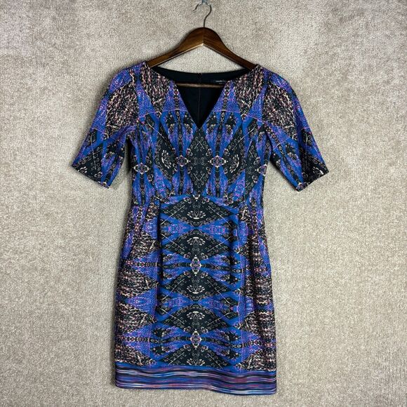 Nanette Lepore Sheath Dress Size 0P Blue/Black Printed Short Sleeve Notch V Neck - Picture 1 of 11